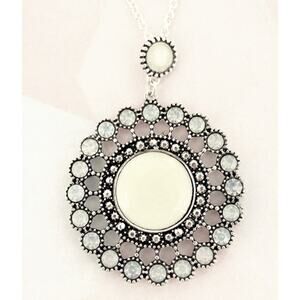 Cream & Crystal Silvertone Round Pendant Necklace - New/NWT